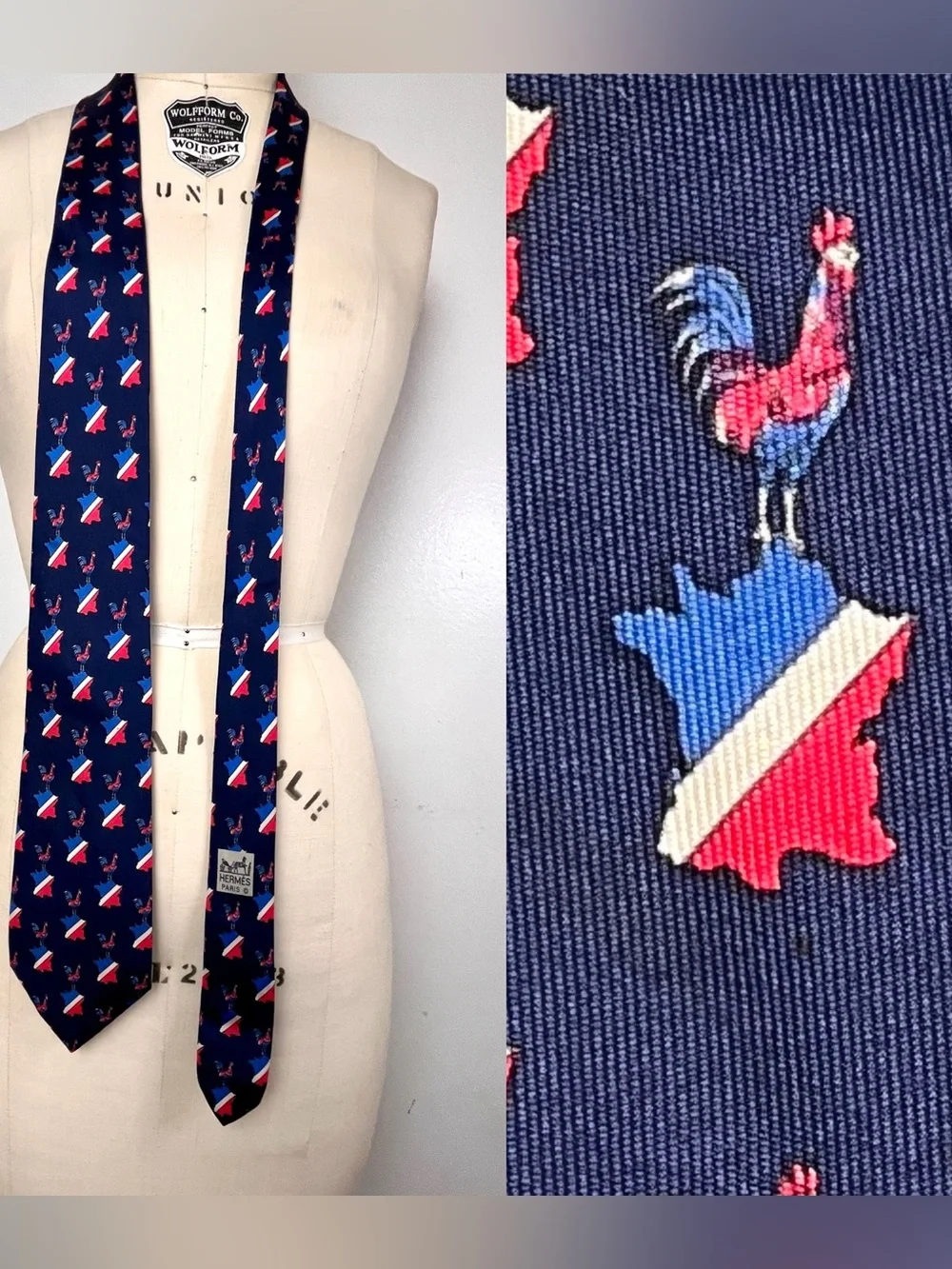 Hermes Navy Tie with Red, White & Blue Rooster and France Motif